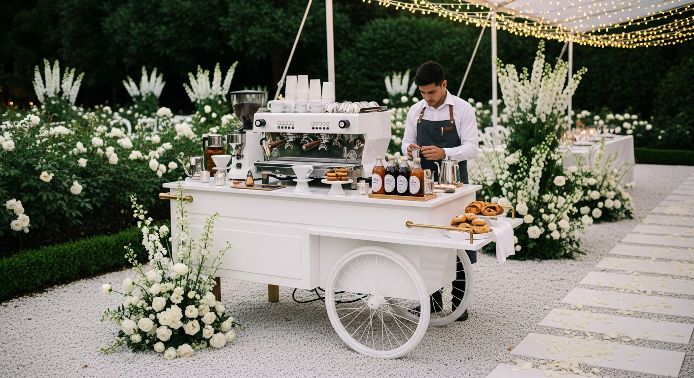 Mobile coffee cart at an event, a temporary visual for Tampa coffee catering